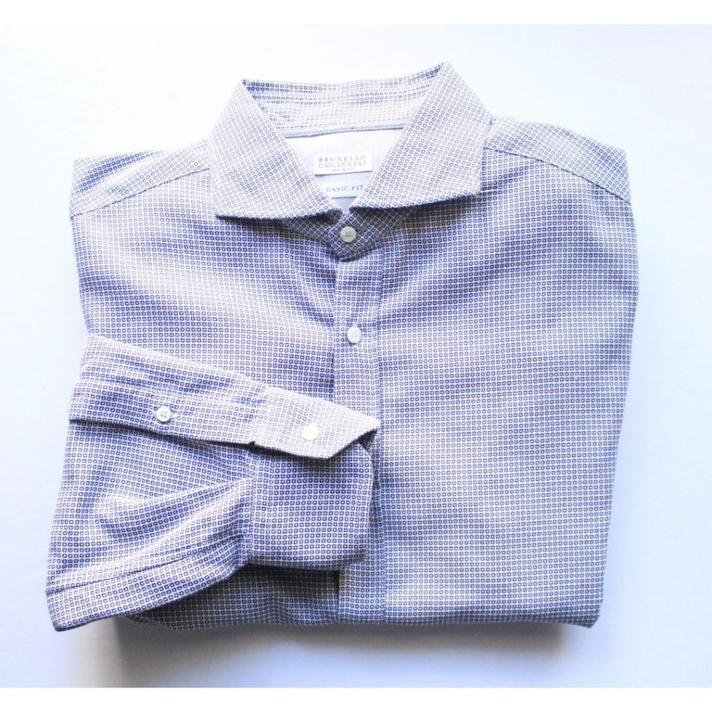 Brunello Cucinelli Basic Fit Blue Brown Square Print Shirt Size XXL